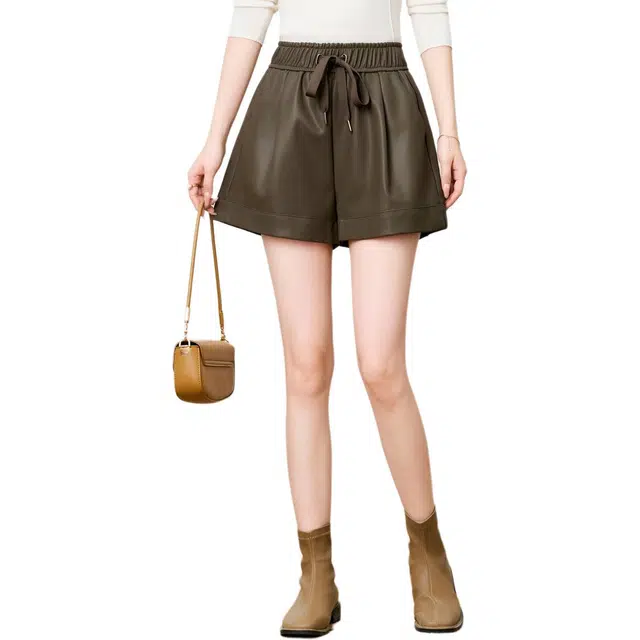 粉红玛琍 阔腿高腰纯色休闲短裤 女款 咖色