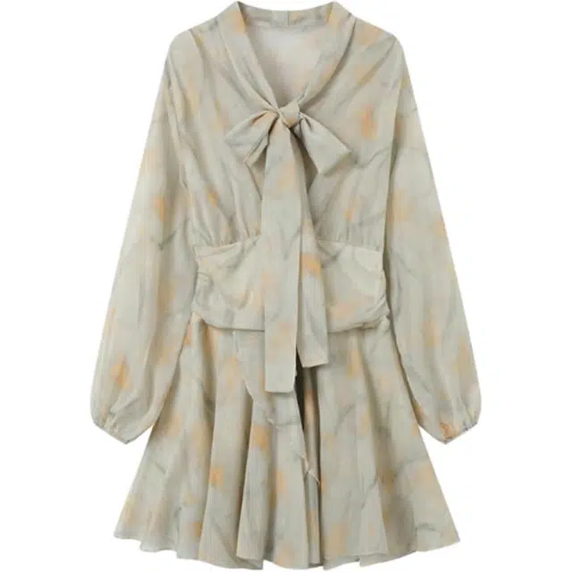 古莲菲 碎花领度假风休闲百搭长袖连衣裙 女款 草绿色