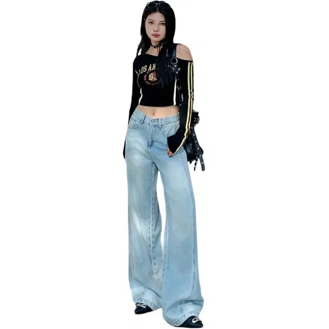 玫丝朵 美式复古做旧简约设计宽松百搭直筒垂感阔腿牛仔裤 女款