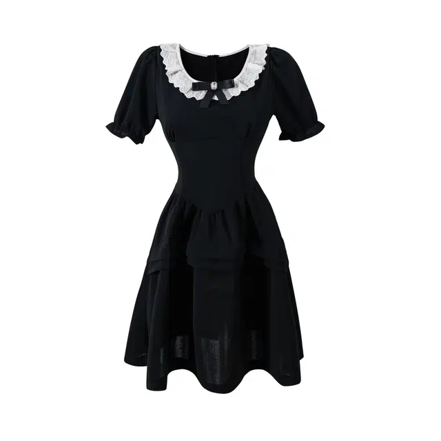 花山家的猫 蝴蝶结娃娃领修身短袖连衣裙 女款 黑色