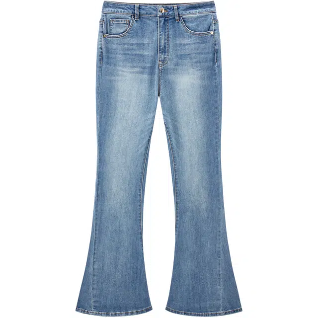 太平鸟 舒适喇叭马蹄牛仔裤 女款 中蓝