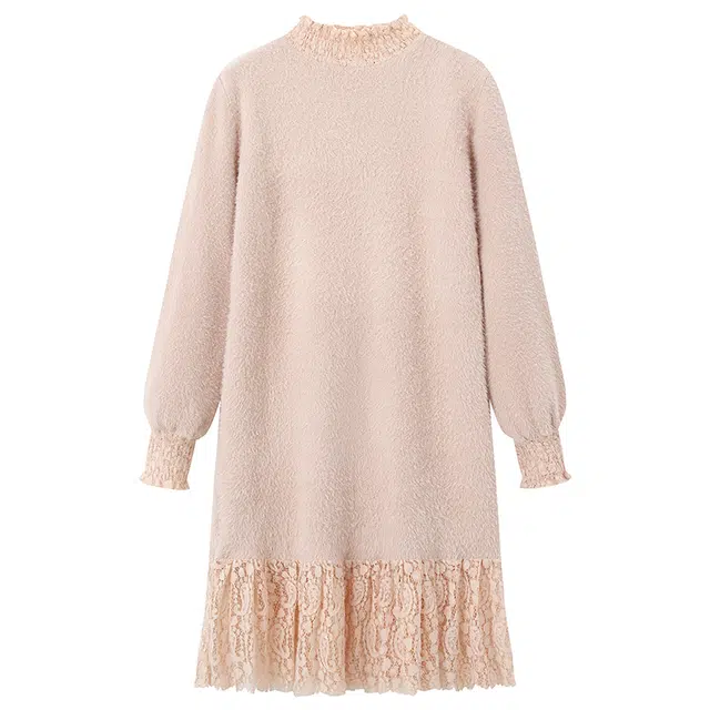 红蜻蜓 仿水貂绒软糯针织中长款裙装半高领蕾丝拼接百搭通勤穿搭长袖连衣裙 女款