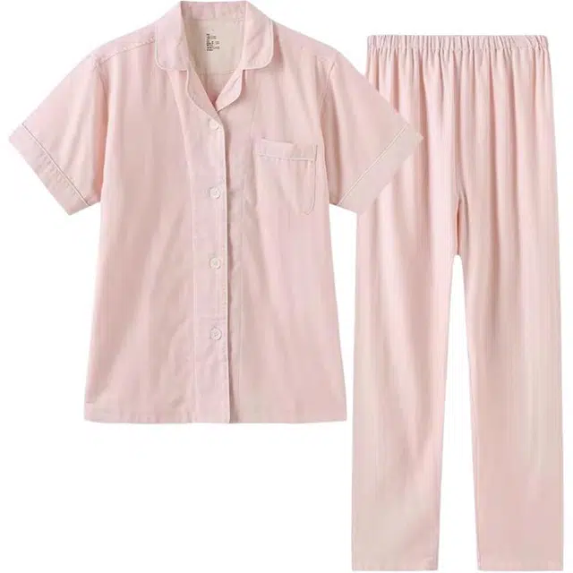 怡吾色 双层纱家居服简约清新格纹短袖长裤睡衣套装 男女同款