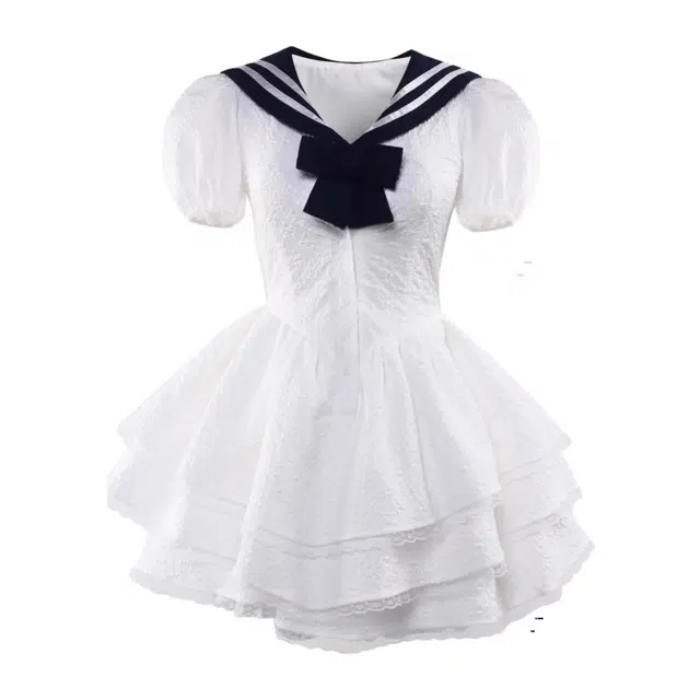 柏黛妃 在逃公主海军领学院风小个子辣妹裙摆蕾丝花边纯欲甜美蓬蓬裙短袖连衣裙 女款 白色