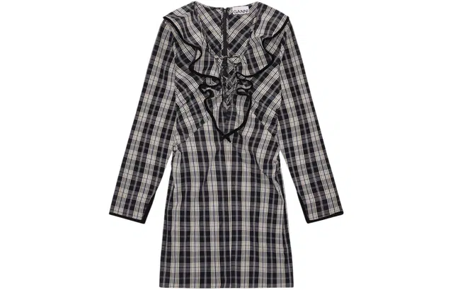 GANNI Checkered Cotton Ruffle V-Neck Mini Dress V