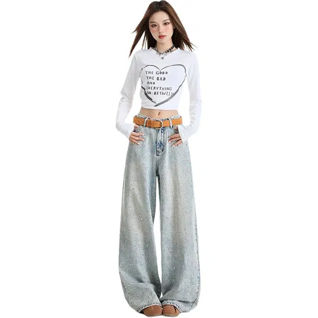 玫丝朵 美式重工水洗烫钻印花设计宽松阔腿拖地牛仔裤 女款 浅蓝色