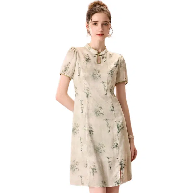 粉红玛琍 国风舒适时尚短袖连衣裙 女款 绿色