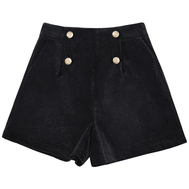 她池 复古金属排扣高腰简约休闲短裤 女款 黑色
