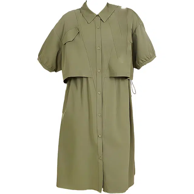 木果果木 中长款翻领拼接气质通勤短袖连衣裙 女款 军绿
