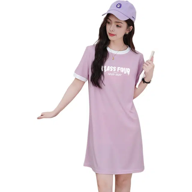 法文箱子 美式拼色刺绣圆领时尚百搭薄款短袖连衣裙 女款