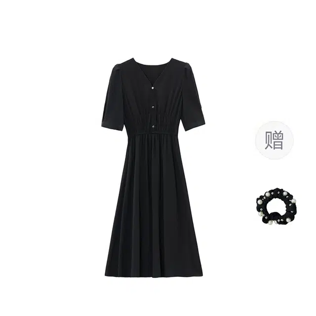 雾闪闪 时尚简约休闲百搭短袖连衣裙 女款 （黑色+发圈)买赠