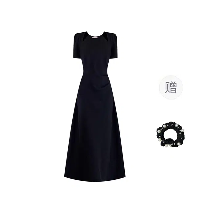 雾闪闪 法式赫本风时尚百搭休闲优雅气质镂空设计感短袖连衣裙 女款