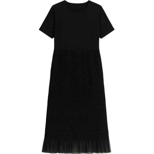 潞优野 优雅气质长裙修身显瘦泡泡袖设计网纱裙短袖连衣裙 女款 黑色