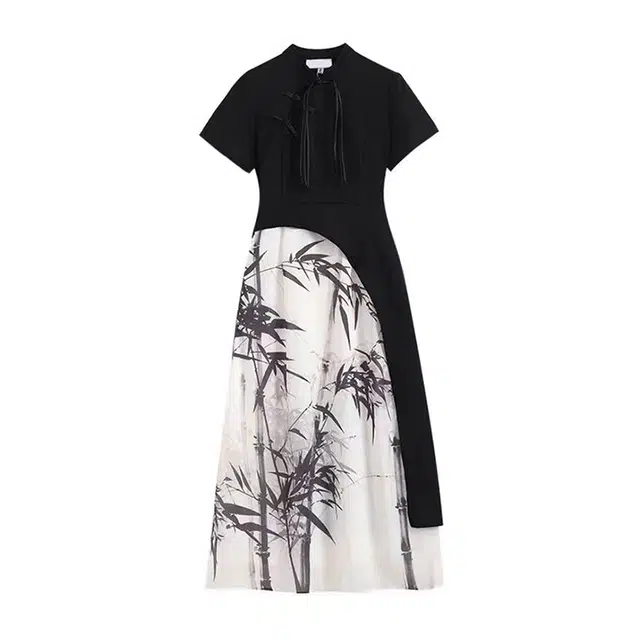 敲模女孩 新中式设计感拼接水墨画改良国风修身旗袍短袖连衣裙 女款 黑色