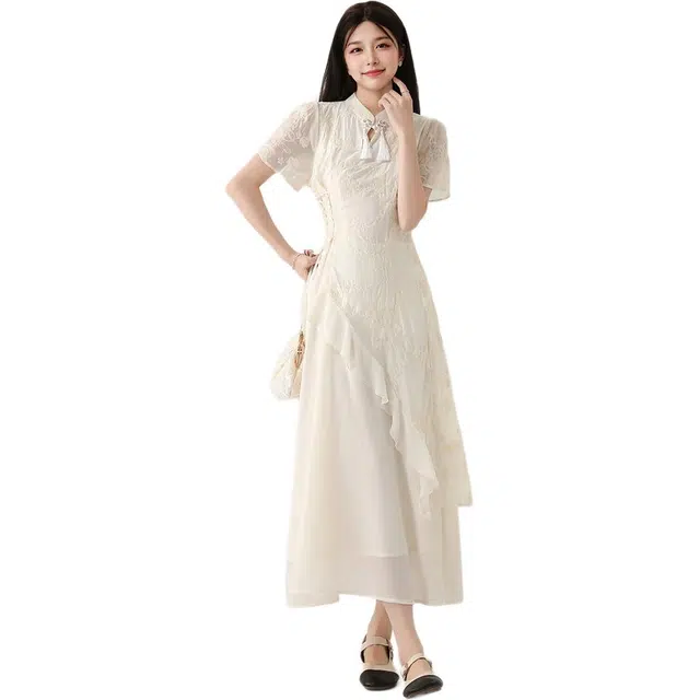 怪力萝莉 新中式国风立领设计复古韵味流苏优雅绣花改良旗袍不规则收腰长裙短袖连衣裙 女款