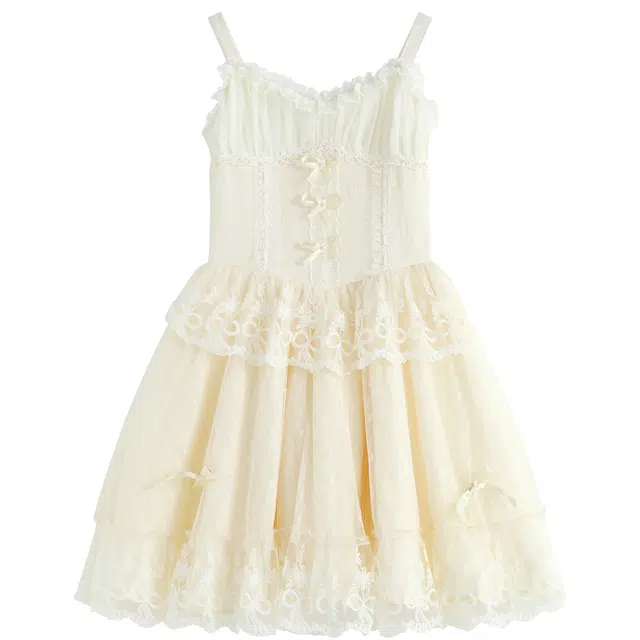 九条喵 纯色蕾丝刺绣收腰吊带连衣裙 女款 乳白色