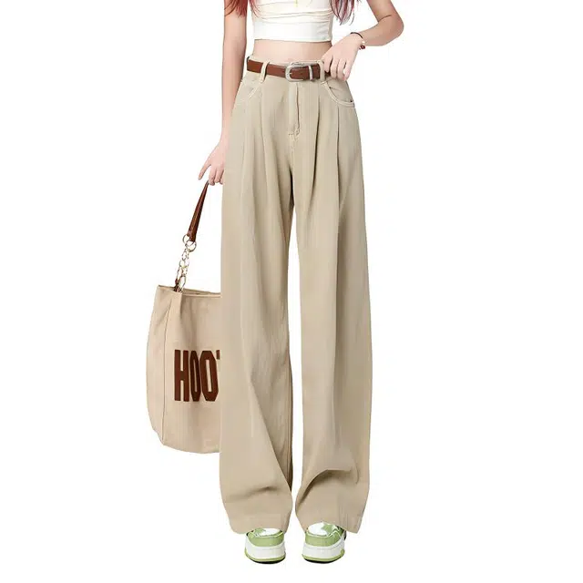 淑好百 高腰褶皱阔腿牛仔裤女垂感宽松显瘦百搭欧美设计感拖地直筒裤 女款 卡其