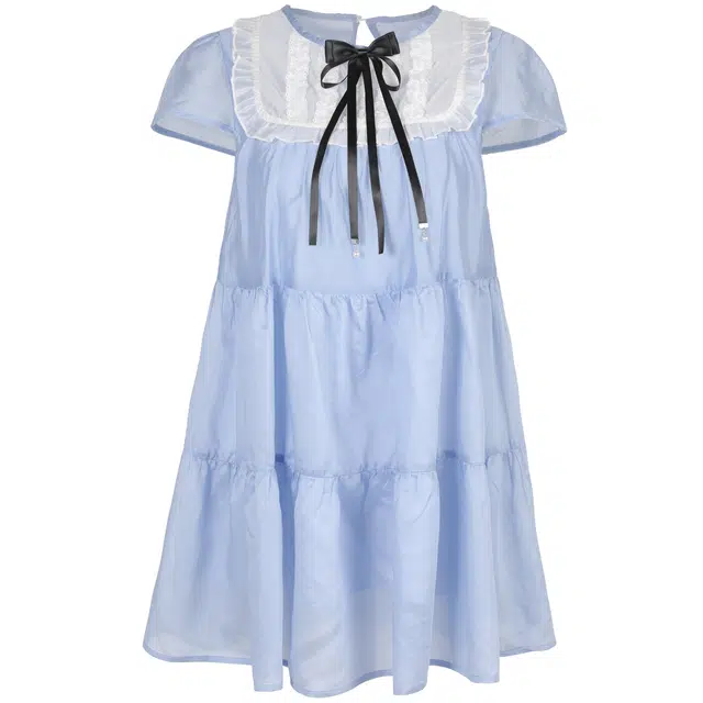 甜美蕾丝拼接蝴蝶结圆领泡泡袖公主裙短袖连衣裙 女款 蓝色