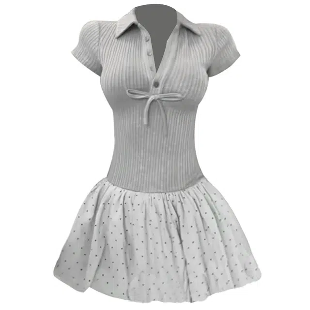 花蔓色 纯欲甜辣芭蕾风收腰显瘦拼接波点气质通勤短裙短袖连衣裙 女款