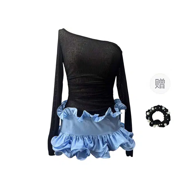 雾闪闪 法式斜肩花苞撞色修身收腰长袖连衣裙 女款