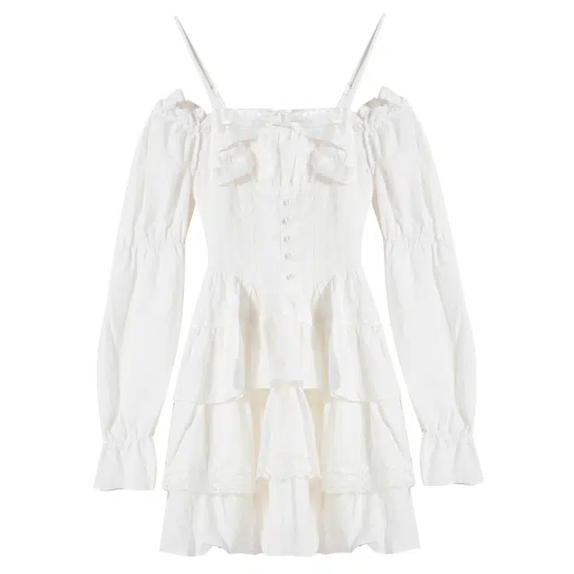 九条喵 纯色方领褶皱收腰泡泡袖长袖连衣裙 女款 白色