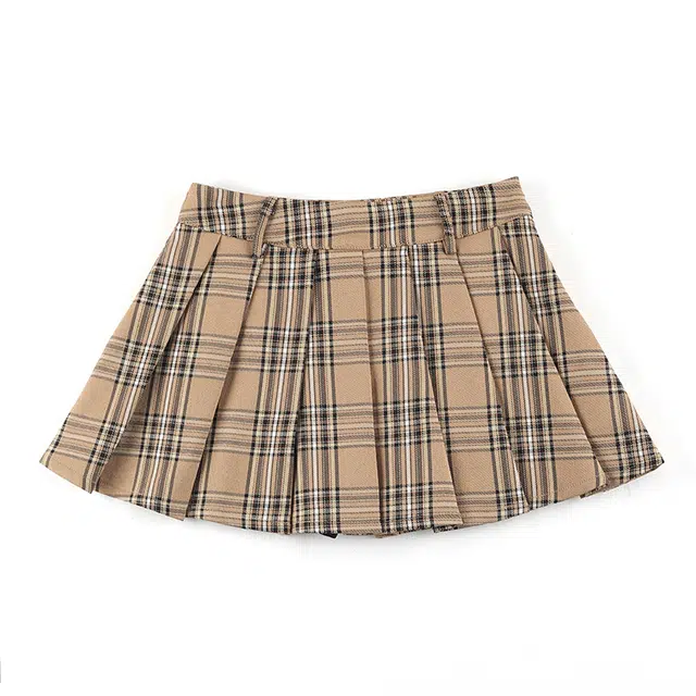 冰淇淋与鲸 学院风甜酷辣妹百褶裙高腰半身休闲短裙 女款 棕色格子