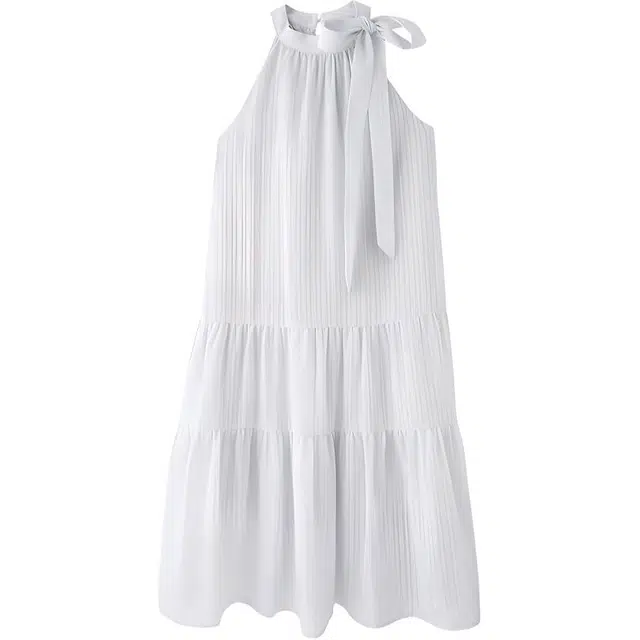 三福 挂脖式领口气质宽松无袖连衣裙 女款