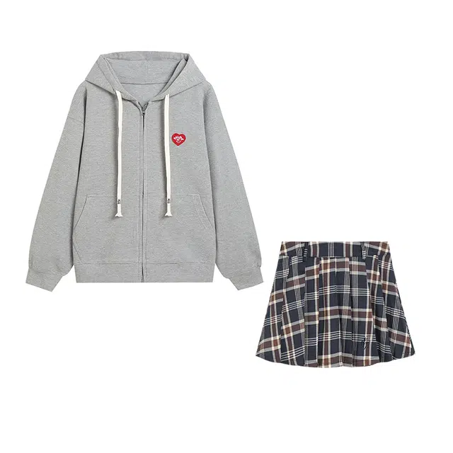 冰淇淋与鲸 美式复古宽松连帽卫衣休闲半身短裙裙装套装 女款 灰色