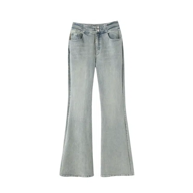 花栗鼠小姐 口碑喇叭裤 经典简约休闲百搭高腰设计感夹标装饰修身牛仔裤 女款