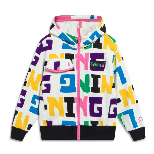 李宁 童装 运动生活系列 字母印花宽松连帽卫衣 女童 彩色字母满印