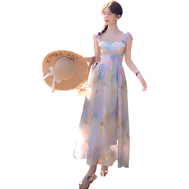 缪斯的诱惑 油画氛围春日蝴蝶无袖吊带连衣裙 女款 粉蓝