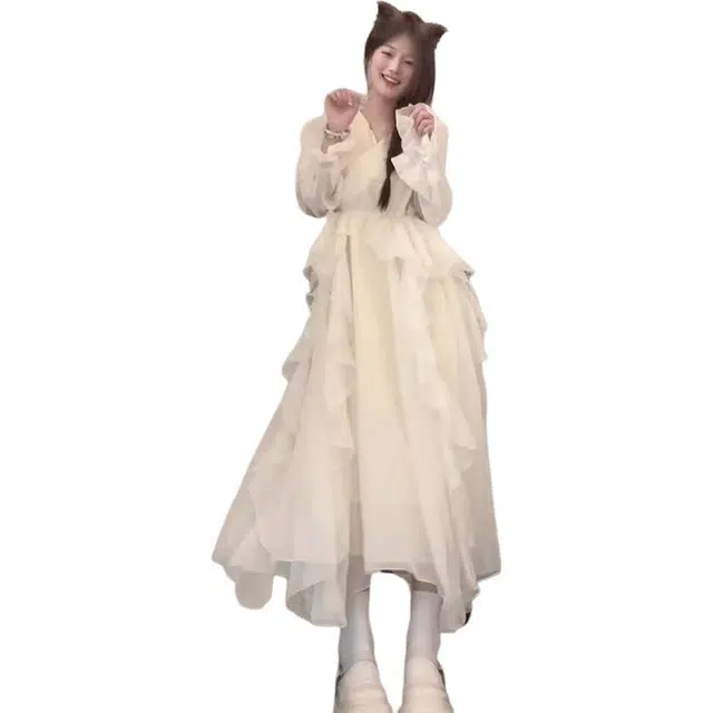 珠蒂美 气质显瘦荷叶边小众长款长袖连衣裙 女款