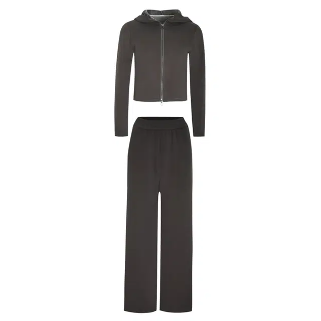 小小拉 纯色简约连帽拉链开衫卫衣松紧腰直筒长裤加绒加厚休闲套装 女款 深灰色