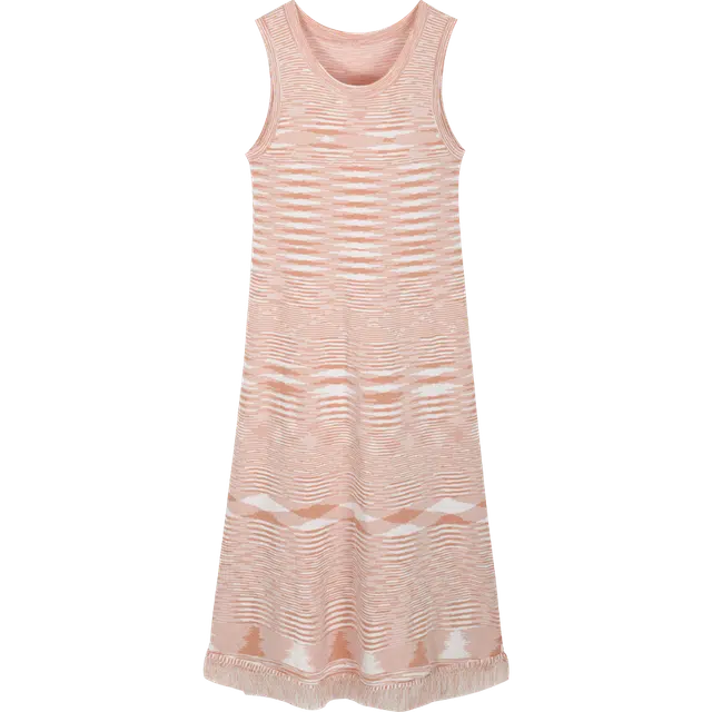 谜秀 拼色圆领流苏设计条纹又要设计感显瘦自然时尚百搭无袖连衣裙 女款 粉色