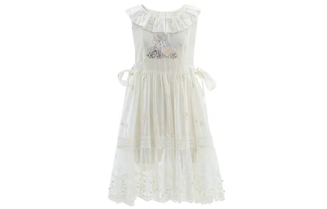 森女部落 新中式薄款荷叶领宽松中长裙无袖连衣裙 女款 蕾丝衫