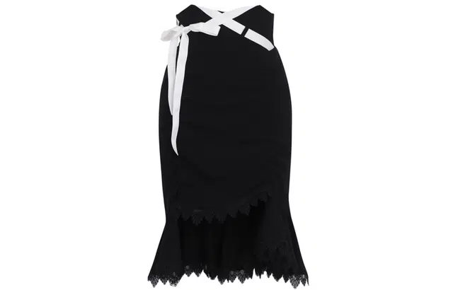 森女部落 不规则绑带修身半身裙 黑色