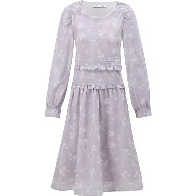 谜秀 浪漫碎花优雅花边装饰设计感收腰舒适蛋糕裙子长袖连衣裙 女款 紫色