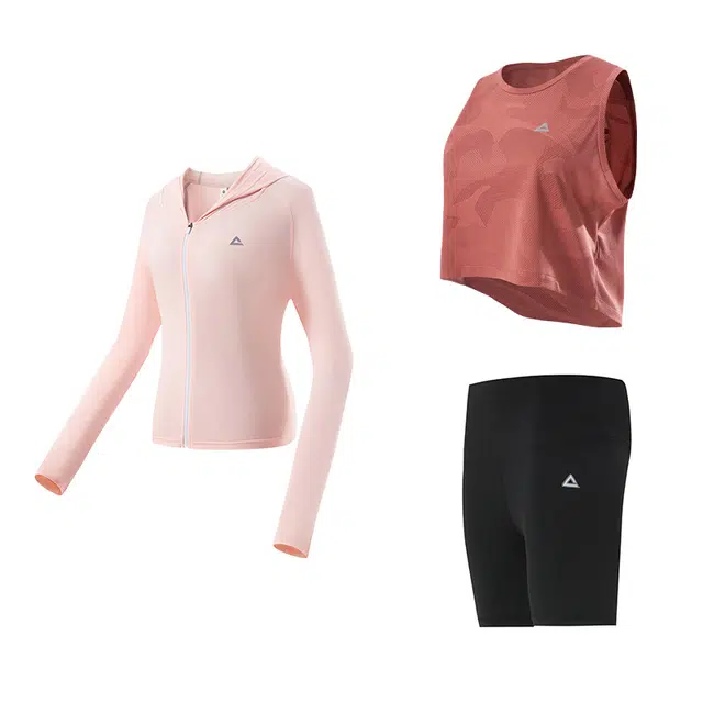 匹克 瑜伽服健身运动服套装 粉色背心三分打底裤三件套 女款