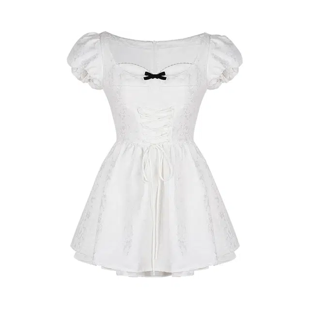 花铃太太 纯色方领泡泡袖修身高腰收腰蓬蓬短裙短袖连衣裙 女款