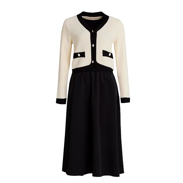 海獭 高品质法式温婉拼色长袖连衣裙裙装套装 女款