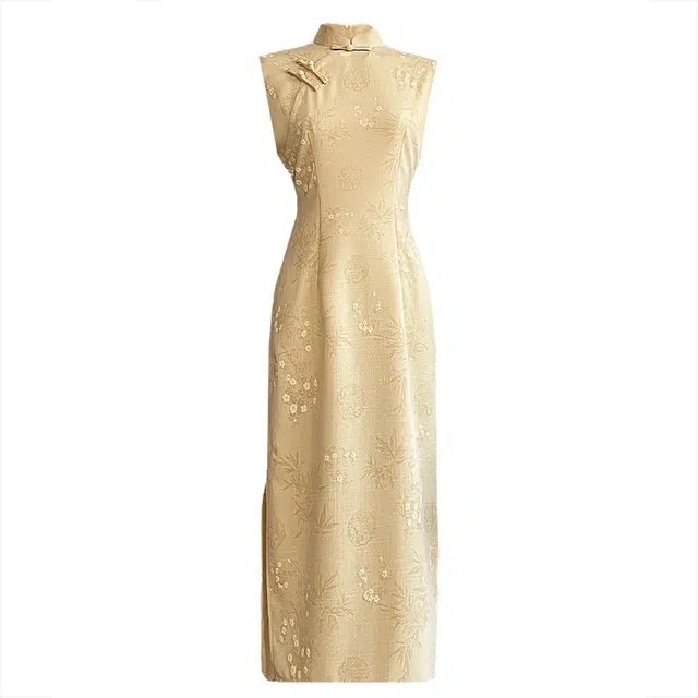 敲模女孩 新中式国风改良旗袍暗纹提花设计感温婉复古大气收腰修身无袖连衣裙 女款 黄色