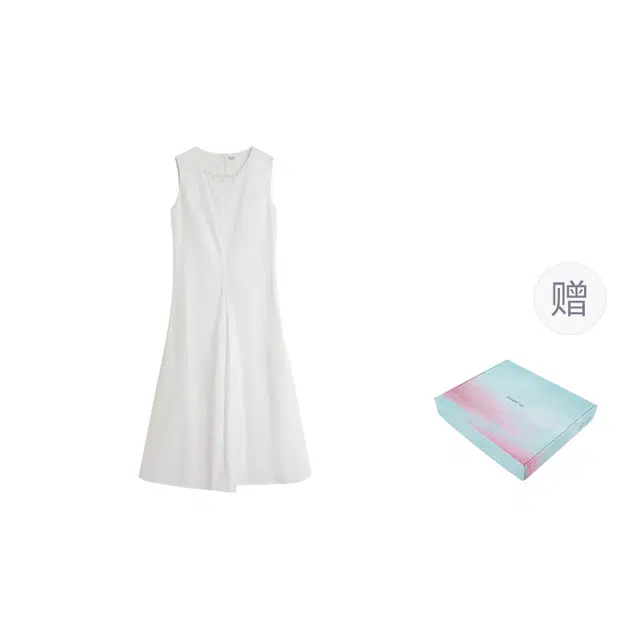 茵曼 法式背心裙珠片圆领收腰气质中长无袖连衣裙 女款 珍珠白