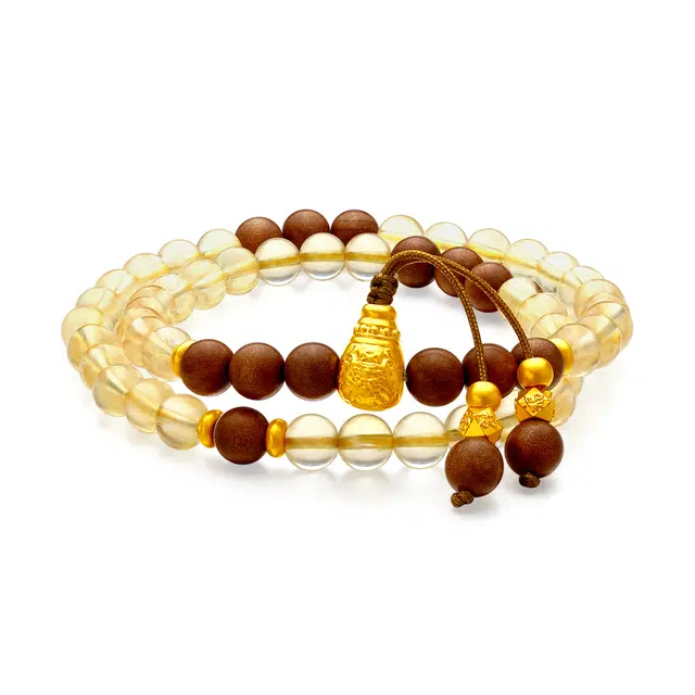 梦金园 【招财纳福】黄金+水晶+木珠 黄财神葫芦转运珠 多圈叠戴小众串珠#好运  新中式 藏族风格 黄水晶 手串 女款