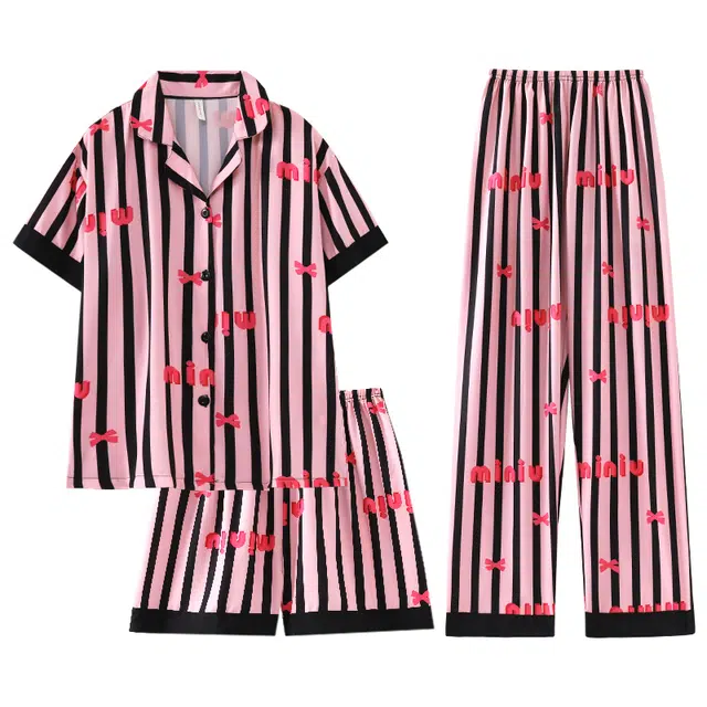 好福份 条纹字母印花可爱甜美休闲短袖长裤夏季睡衣套装 女款