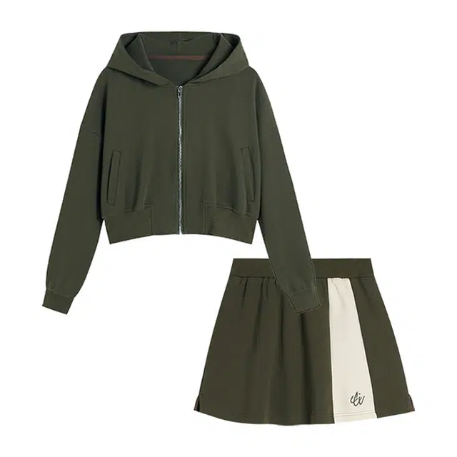 冰淇淋与鲸 纯色连帽拉链短款外套拼色包臀短裙休闲套装 女款 深绿