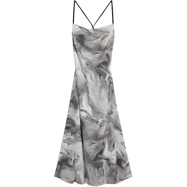 思蓓儿 设计国风水墨画新中式露背气质吊带连衣裙 女款 花色