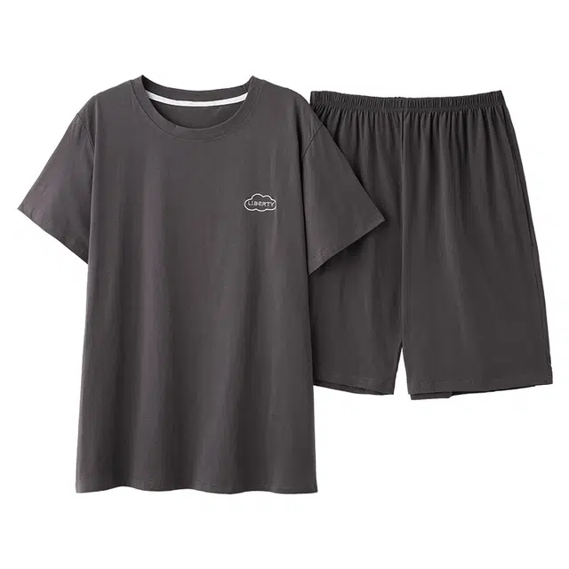 好福份 纯棉纯色字母印花休闲短袖五分裤夏季睡衣套装 男款