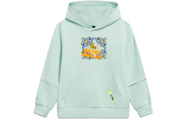 李宁儿童 卡通印花连帽宽松卫衣 儿童款 水波绿