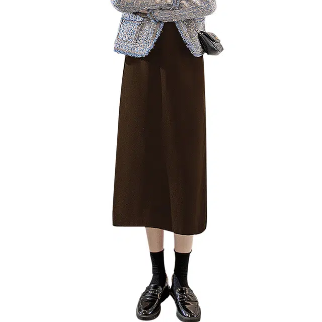 丝柏舍 高腰纯色显瘦半身裙中长款简约开叉休闲长裙 女款