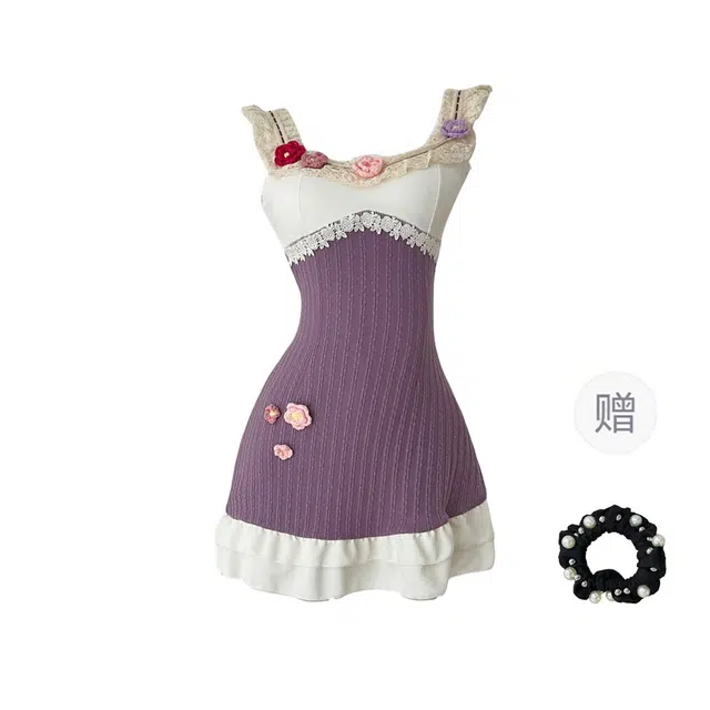 雾闪闪 法式甜美俏皮重工钩花针织撞色拼接吊带连衣裙 女款 紫色